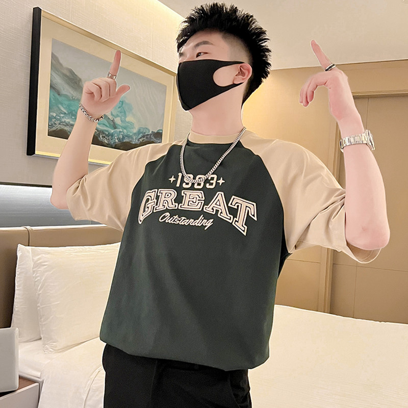 T47-P55 夏季拼接T恤男潮流宽松男装上衣2023新款夏装白色短袖3图片
