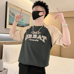 T47-P55 夏季拼接T恤男潮流宽松男装上衣2023新款夏装白色短袖1图片