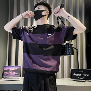 X41-P58 复古粗条纹T恤男短袖夏季重磅体恤2024新款男装上衣潮牌1图片