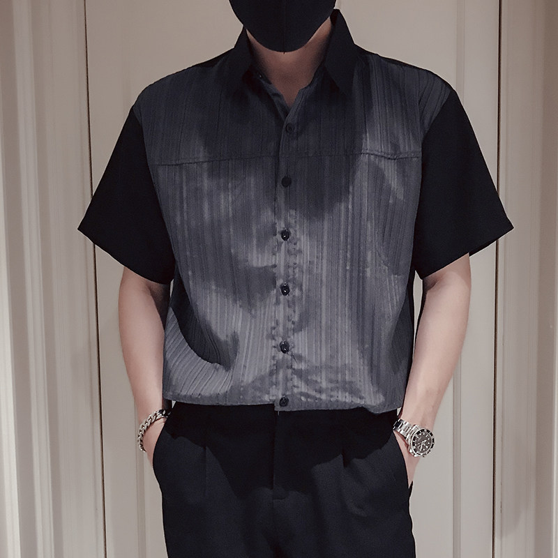 T71-P58拼接男士短袖衬衫潮牌潮流痞帅男装设计感小众半尖领2，男装衬衫，电商A257