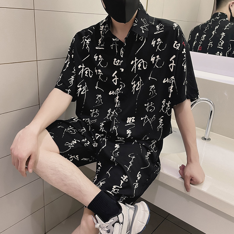 X58-P98风印花时尚套装男士夏季冰丝短袖搭配五分短裤潮流1,男装T恤,电商A257