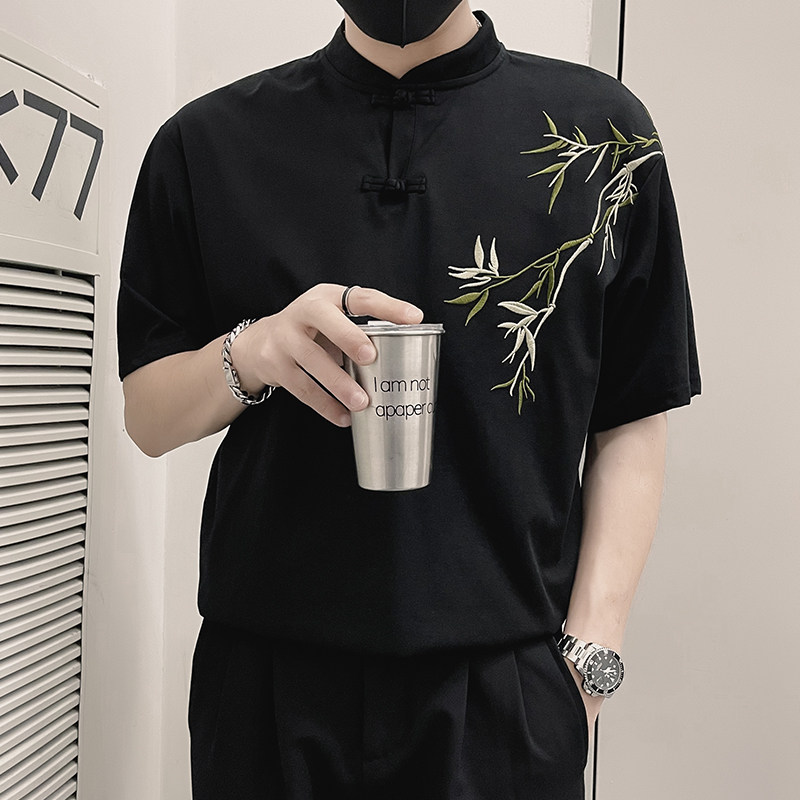 X48-P58新中式短袖衬衫男竹子刺绣寸衫垂感上衣2024新款夏季3,男装T恤,电商A257