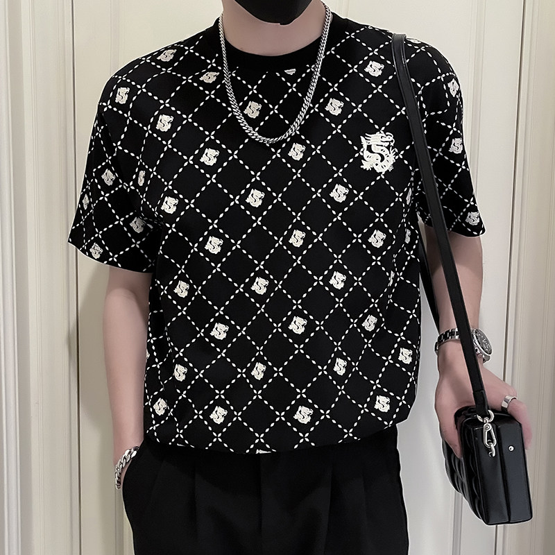 X33-P58夏季潮牌格子T恤男短袖潮流痞帅2024新款男装上衣服薄款1,男装T恤,电商A257