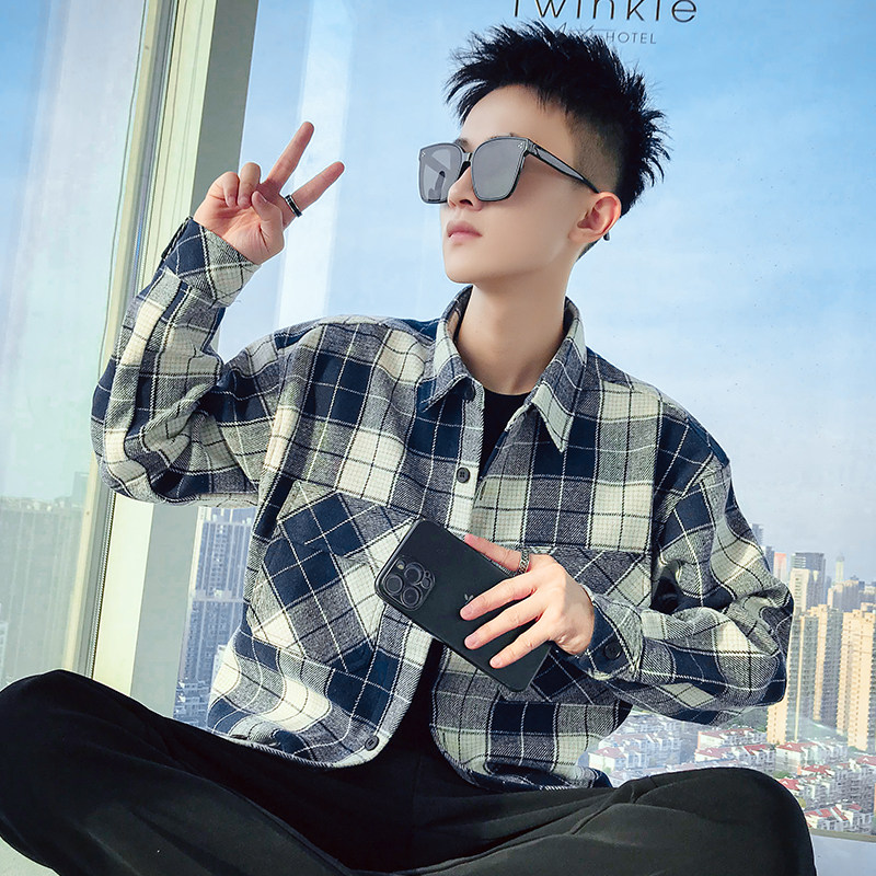 J08-P78磨毛格子衬衫长袖2022秋新款韩版ins休闲百搭气质衬衣潮1,男装夹克,电商A257