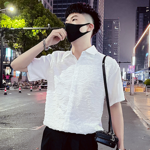 T75-P58夏季时尚个性条纹高级感夜店短袖衬衫穿搭时尚潮牌上衣2