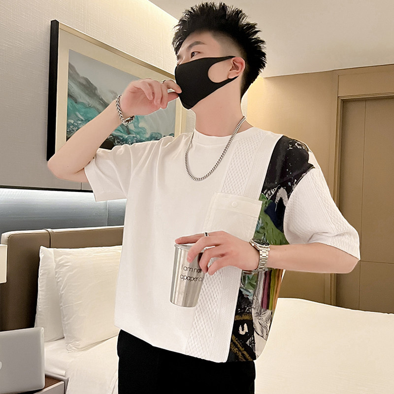 T42-P58拼接设计感短袖t恤男夏季新款衣服纯潮牌男装上衣痞帅,男装T恤,电商A257