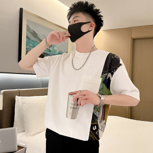 T42-P58拼接设计感短袖t恤男夏季新款衣服纯潮牌男装上衣痞帅,男生砖红色鞋子搭配什么衣服图片