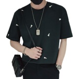 T43-P48印花短袖男夏季潮牌衣服2023新款痞帅黑色男装上衣体恤T1，男装T恤，电商A257