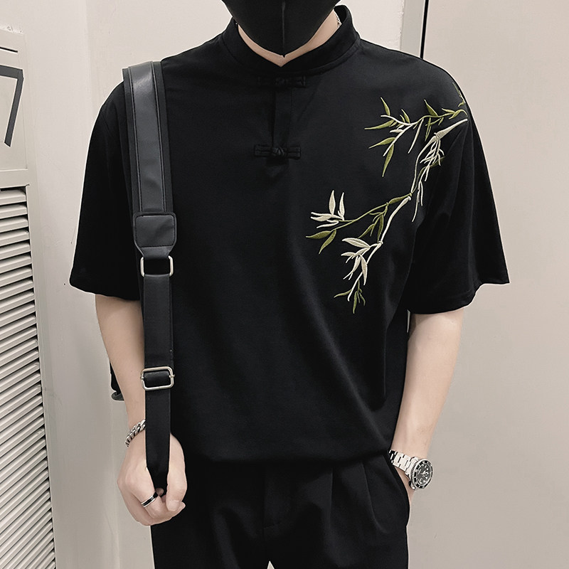 X48-P58新中式短袖衬衫男竹子刺绣寸衫垂感上衣2024新款夏季1,男装T恤,电商A257