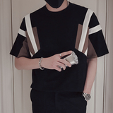 T65-P55黑白拼接撞色短袖男小领口潮牌痞帅炸街重磅T上衣高级感，男装T恤，电商A257