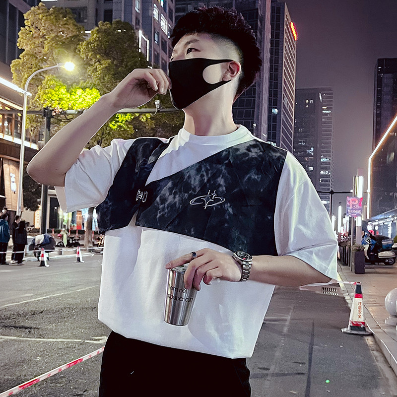 T52-P68假两件短袖夏季潮牌重磅纯T恤七分袖男设计感痞帅上衣1,男装T恤,电商A257
