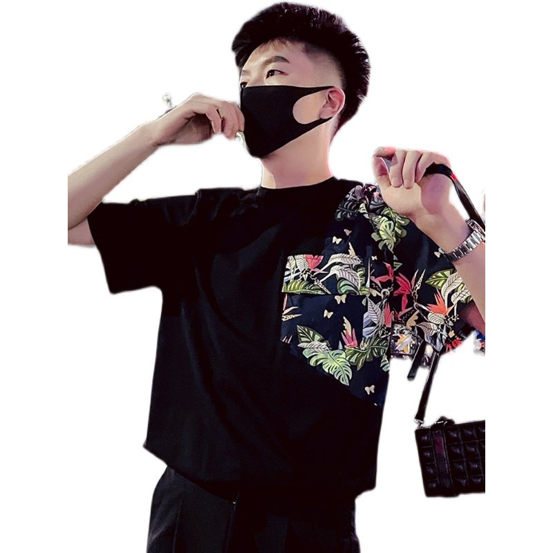T82-P58拼接青少年短袖男夏季2023新款圆领T恤设计感小众潮牌1,男装T恤,电商A257