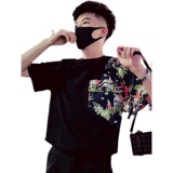 T82-P58拼接青少年短袖男夏季2023新款圆领T恤设计感小众潮牌1，男装T恤，电商A257