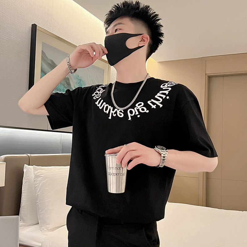 T46-P48夏季T恤男潮牌半袖印花男装重磅2023新款夏装痞帅短袖,男装T恤,电商A257