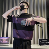 X41-P58复古粗条纹T恤男短袖夏季重磅体恤2024新款男装上衣潮牌1，男装T恤，电商A257