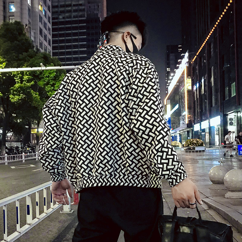 J37-P88新款男士外套百搭翻领黑白格子夹克潮牌潮流痞帅气秋1,男装夹克,电商A257