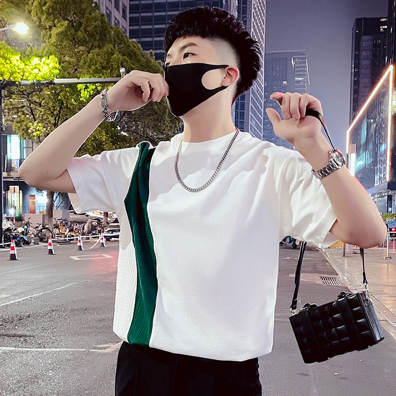 T77-P58拼接T恤男夏季潮牌宽松半袖2023新款夏装休闲半截袖潮流1,男装T恤,电商A257