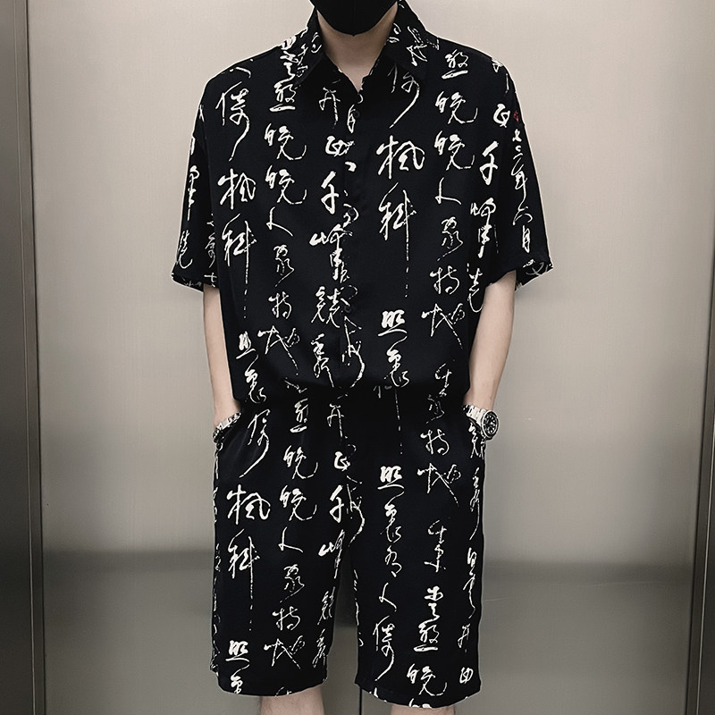 X58-P98风印花时尚套装男士夏季冰丝短袖搭配五分短裤潮流,男装T恤,电商A257