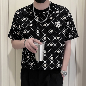X33-P58 夏季潮牌格子T恤男短袖潮流痞帅2024新款男装上衣服薄款1图片