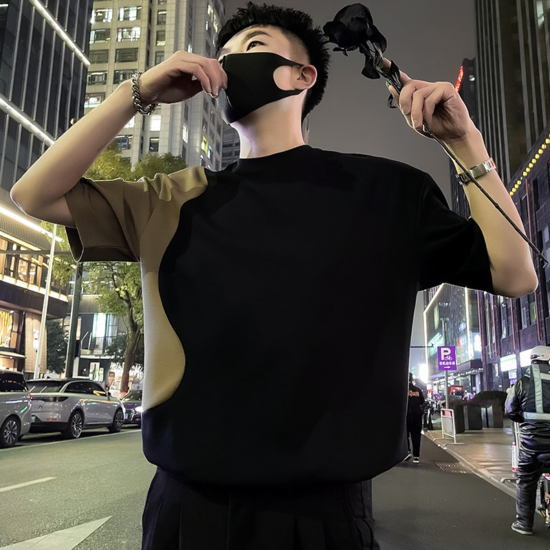X35-P58 潮牌设计感拼接T恤短袖2024新款男装上衣痞帅夏季潮流图片