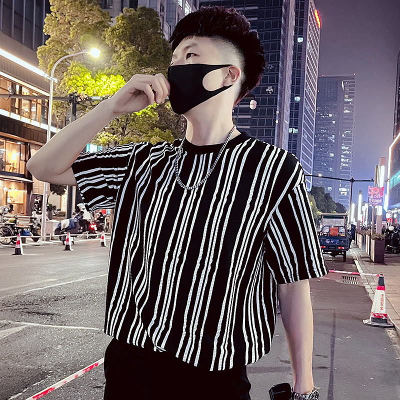 T53-P55 条纹短袖夏季男款冰丝T恤七分袖男轻熟风潮牌圆领重磅图片