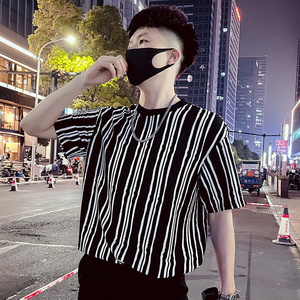 T53-P55 条纹短袖夏季男款冰丝T恤七分袖男轻熟风潮牌圆领重磅图片