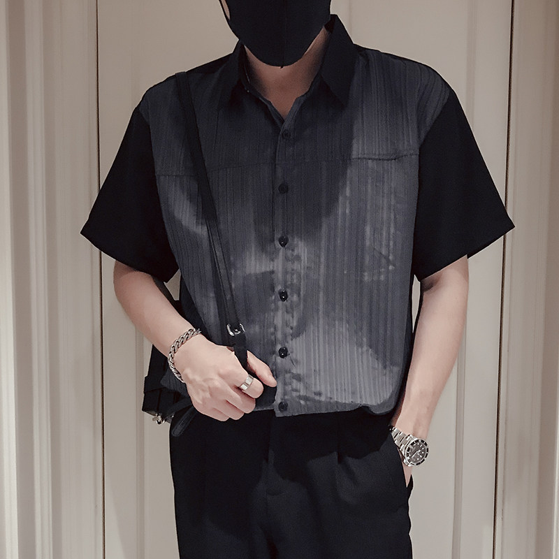 T71-P58拼接男士短袖衬衫潮牌潮流痞帅男装设计感小众半尖领2,男装衬衫,电商A257