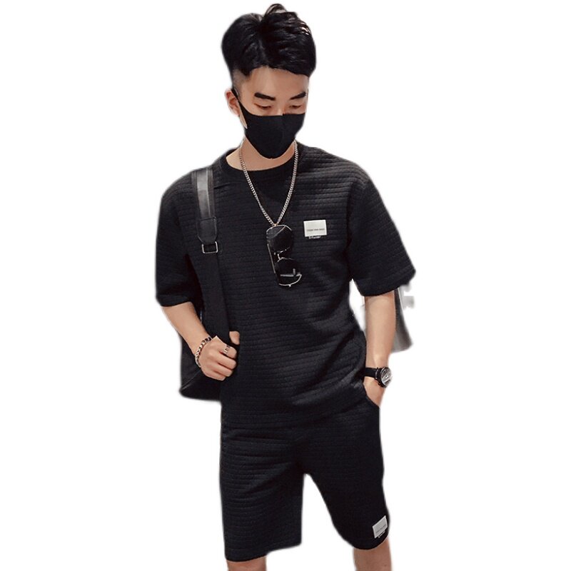 M88网红潮牌超火华夫格夏季两件时尚套装2021潮流帅气男装4,男装休闲套装,电商A257