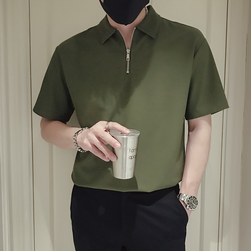 T40-P48夏季半拉链T恤男短袖POLO衫白色夏装男装痞帅衣服4,男装T恤,电商A257