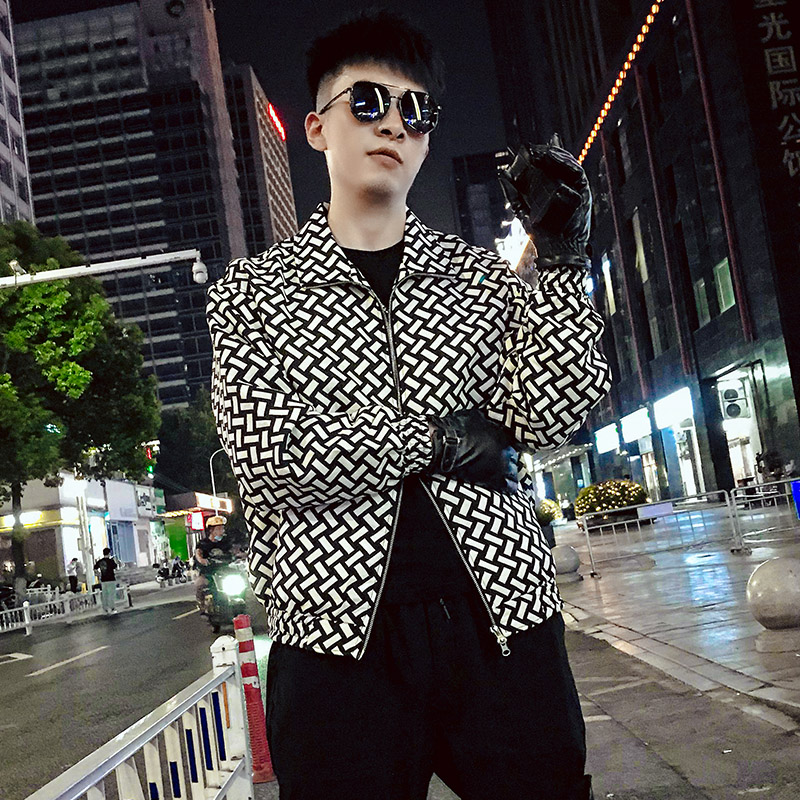 J37-P88新款男士外套百搭翻领黑白格子夹克潮牌潮流痞帅气秋1,男装夹克,电商A257