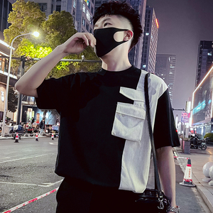 T51-特P58 条纹拼接短袖男装薄款小领口T恤七分袖潮牌男装衣服1图片