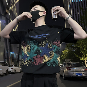 X51-P58 美式涂鸦T恤男重磅短袖彩印2024新款夏季男装上衣痞帅气1图片