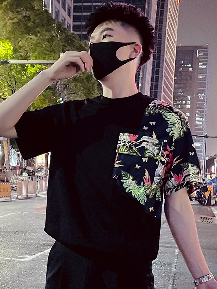 T82-P58拼接青少年短袖男夏季2023新款圆领T恤设计感小众潮牌,男装T恤,电商A257