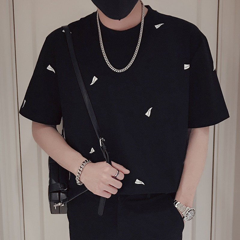 T43-P48印花短袖男夏季潮牌衣服2023新款痞帅黑色男装上衣体恤T1,男装T恤,电商A257