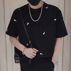 T43-P48印花短袖男夏季潮牌衣服2023新款痞帅黑色男装上衣体恤T2,花草怎么搭配衣服图片