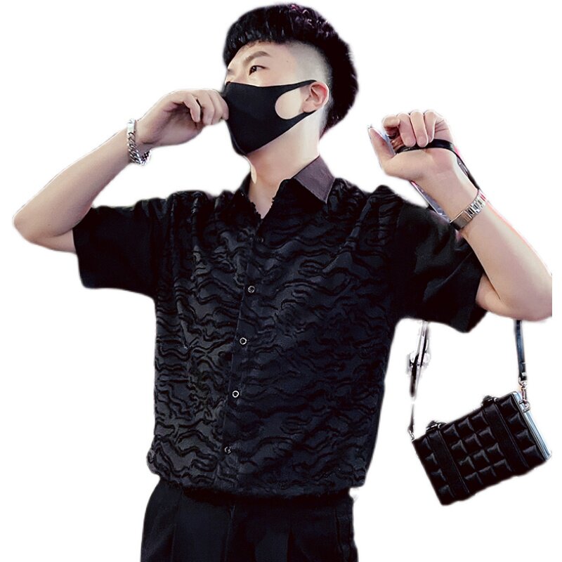 T75-P58夏季时尚个性条纹高级感夜店短袖衬衫穿搭时尚潮牌上衣2,男装衬衫,电商A257