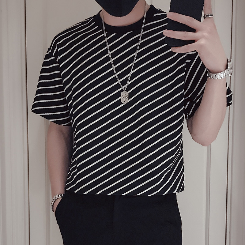 T60-P55黑色条纹T恤男潮牌痞帅炸街夏季2023新款男装重磅短袖，男装T恤，电商A257