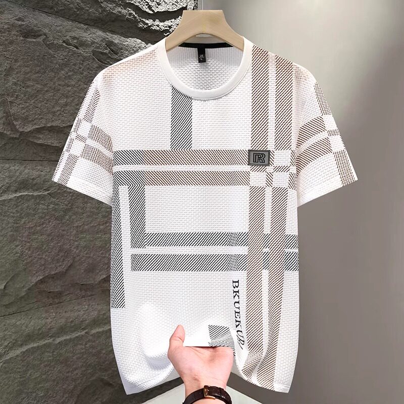 高端冰丝短袖T恤男圆领修身薄款透气速干2025新款夏季男士上衣潮