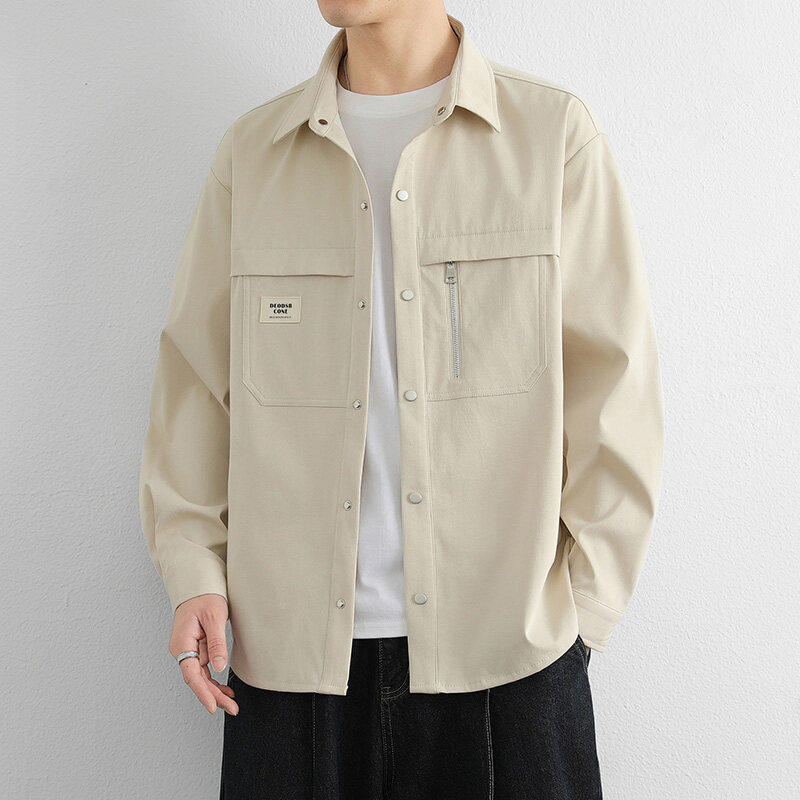高级感长袖衬衫外套男翻领2025春秋薄款休闲夹克男士户外上衣服潮