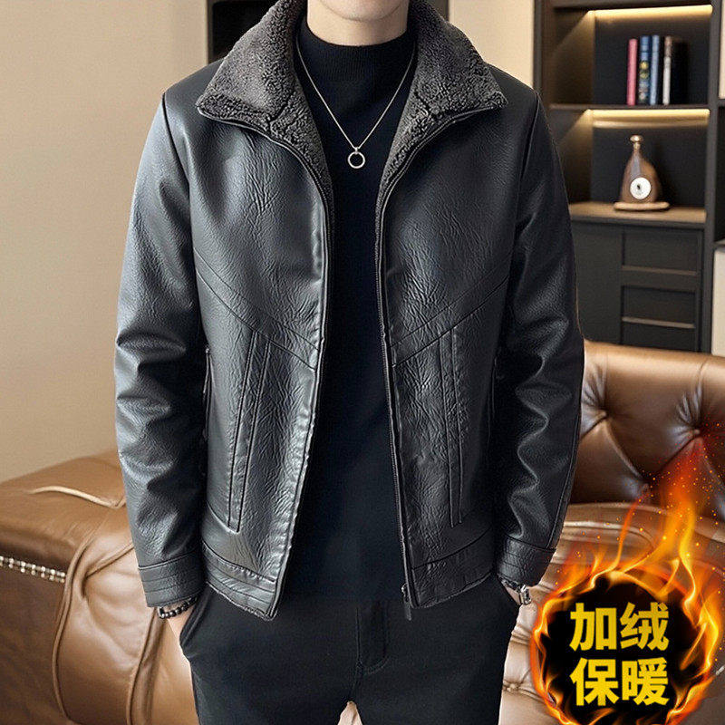 高端秋冬新款头层真皮皮衣男羊羔毛翻领加绒修身机车真皮夹克外套