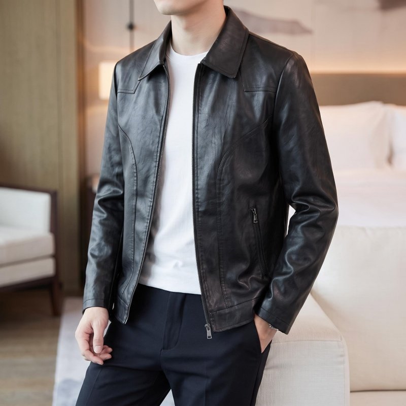 高端男士翻领真皮皮衣外套秋冬新款修身短款商务休闲真皮皮夹克男