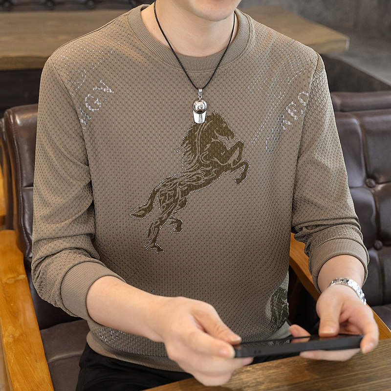 高端桑蚕丝长袖T恤男圆领修身潮牌烫钻2025秋冬季薄款男士打底衫