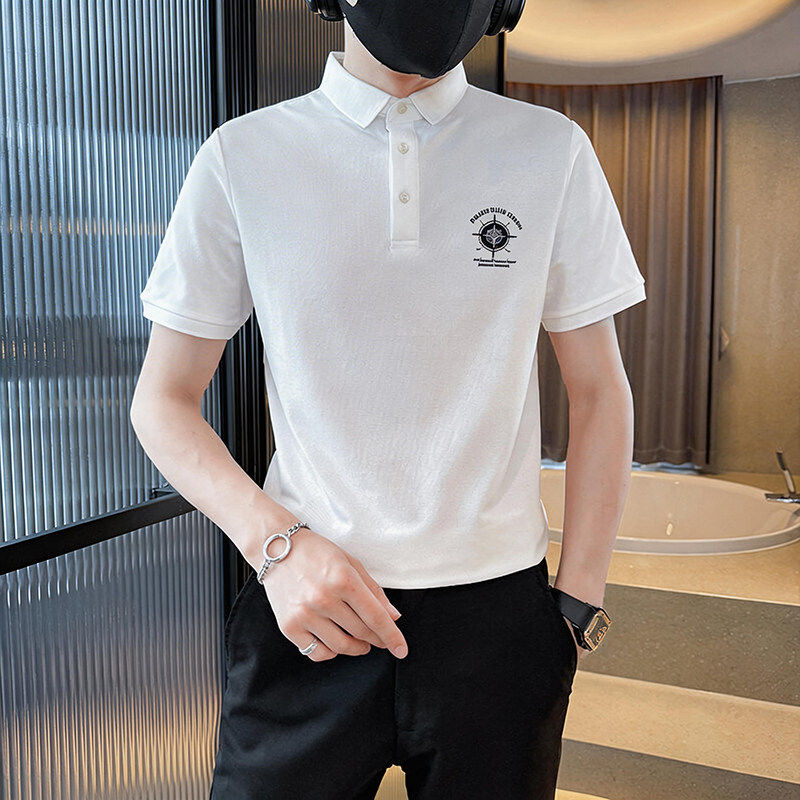 高端潮牌男士短袖POLO衫夏季薄款百搭修身时尚印花休闲翻领T恤男