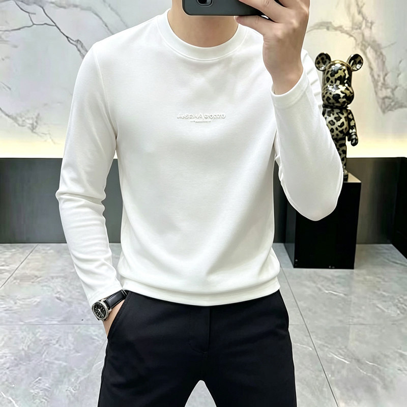 高端男士圆领长袖T恤秋冬新款字母印花纯色修身百搭内搭打底卫衣