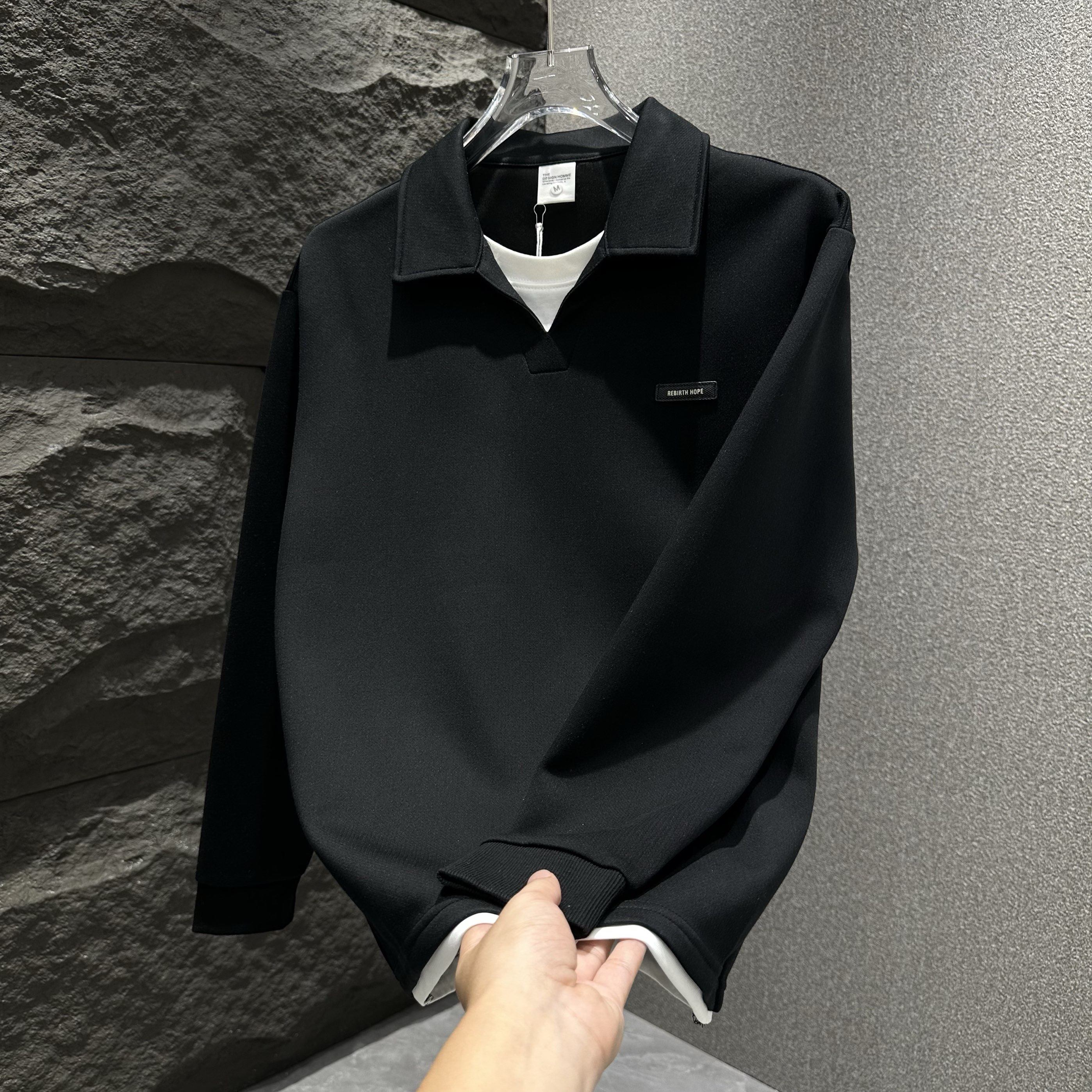 品牌高级感长袖T恤男衬衫领2025新款潮牌假两件翻领男士纯棉卫衣