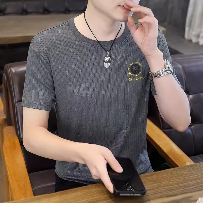 高级感冰丝短袖T恤男圆领修身夏季新款提花烫钻速干凉感男士体恤