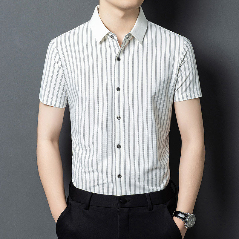 高端男士商务条纹衬衫2026新款夏季薄款百搭休闲时尚短袖T恤衬衣