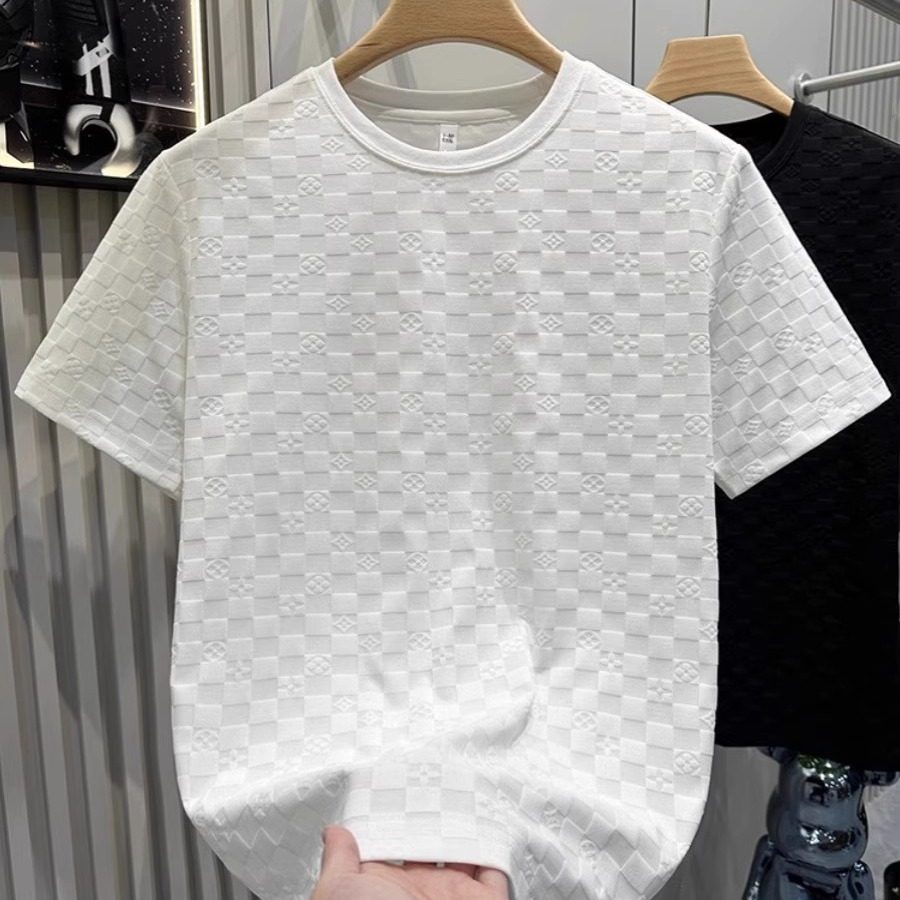 高级感格子冰丝短袖T恤男白色圆领修身夏季薄款透气速干男士半袖