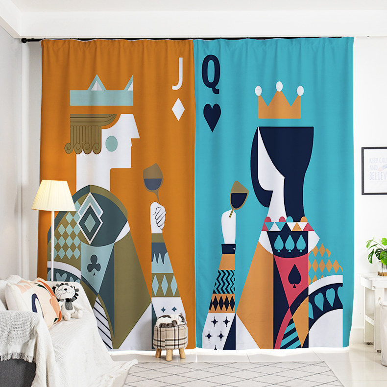 黑桃k卡牌国王皇后印花遮光窗帘宿舍免打孔网咖卧室客厅落地窗帘