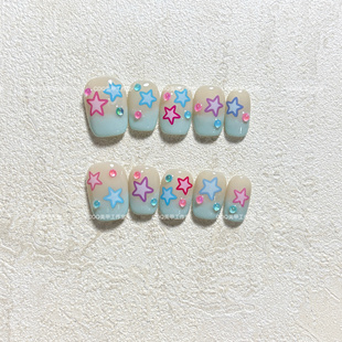 纯手工穿戴甲星星渐变可爱彩珠甜美短款 美甲可拆卸甲片 实拍